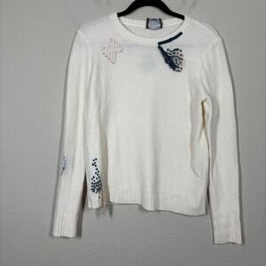 Leo & Sage Medium Embroidered Sweater Merino Wool Cotton Blend Long Sleeves